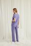 Lilac Lace Detailed Pajama Set, Women's Short-Sleeved Viscose Pajama Set, V-Neck Guipure Home Wear Dress, 2-Piece Luxury Set with Lace Cuffs - 2