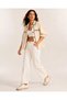Women's Ecru Contrast Navy Blue Embroidered Pocket Gabardine Shirt Jacket (Oversize)