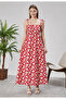 Patterned Cotton Long Summer Red Floral Print Women's Dress - Shoulder Tie Strap Gathered Gipeli Women's Comfortable Dress