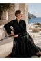 Luxury Jet Black Botanical Jacquard Full Length Abaya - 3