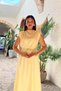 Women's Yellow Shoulder Padded Midi Length Dress with Belt Detail Nbmy4066 - 2