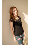 Black Lace Collar Detailed Viscose Short Sleeve Pajama Set - 5