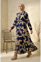 Viscose Fabric Patterned Hijab Dress 4123-05 Navy Blue - 2