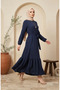Bubble Fabric Necklace Detailed Belted Hijab Dress 0575-03 Navy Blue - 2