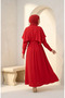 Cape Detailed Belted Hijab Dress 2291-01 Red - 5