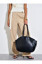Black Faux Leather Contrast Stitching Structured Tote Bag - 2