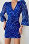 V-Neck Long Sleeve Floral Print Mini Dress - Blue - 4