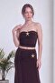 Women's Strapless Crop and Draped Detailed Skirt Two-Piece Set in Brown with Gold Accessories - 2