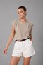 Women's Beige Accessory Detailed Cotton Modal Crew Neck Short Sleeve Blouse - 7
