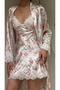 2 Piece Dowry Satin Short Nightgown and Dressing Gown Set Romantic Floral Patterned Belted Ends and Sleeves Ruched Bridal Set - 5