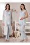 New Season Blue Patterned Wide Strap Lace Detailed Summer Special Design 100% Cotton Maternity Long Dressing Gown Pajama Set