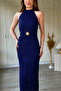 Buy Accessory Detailed Halter Neck Glittery Midi Navy Blue Dress - 3