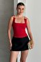 Square Neck Strap Buckle Blouse Red