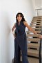 Navy Blue Halter Neck Jumpsuit with Shawl Detail - 2