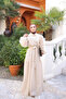 Beige Balloon Sleeve Belted Striped Dress