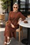 Women's Ribbed Zippered Brown Linen Tunic Pants Double Set - 5