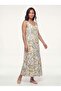 Women's Summer Long Dress Sleeveless V-Neck Floral Patterned Viscose Crepe Ecru