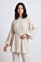 Beige Oversize Tunic with Balloon Sleeves and Tie at the Waist - Modal Fabric