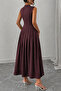 Brown Women's Turtleneck Sleeveless Pleated Crepe Fabric Long Dress - 2