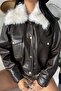 Women's Faux Leather Bomber Jacket with Fur Collar - 5