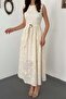 Women's Beige Midi Dress with Floral Embroidery, Belted, Gathered, Lined, A-Line - 4