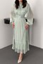 Women's Mint Hakim Collar Buttoned Waist Gathered Balloon Sleeve Lined Midi Dress - 4