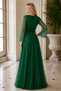 Women's Long Tulle Sleeves Double Breasted Collar Lycra Glitter Comfortable Cut Stylish Chiffon Green Long Evening Dress - 3