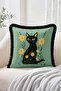 Fringed Throw Pillow Cover with Black Cat Figure and Yellow Flowers - Modern Tassel Pillowcase