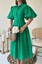 Women's Green Midi Shirt Collar Balloon Sleeve Belted Pleated Cotton Dress - 5