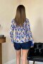 Women's Lilac Floral Patterned Pleated Shirt Collar Buttoned Long Sleeve Shirt - 5