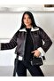 Trend Laminated Coat with Plush Leather Sleeves