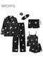 7pcs Women's Silk Satin Pajama Set, Comfortable Four-season Dog Patterned Sleepwear with Short and L