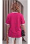 Women's Fuchsia White Piping Garnished Medium Thick Soft Fabric Crew Neck Half Oversize Casual T-Shirt - 4