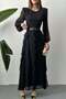 Women's Black Chiffon Maxi Dress Crew Neck Belted Ruffle Long Balloon Sleeves - 3