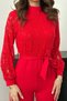 Women's Red Lace Top High Neck Belted Long Sleeve Wide Leg Jumpsuit - 5
