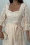 Women's Beige Brode Embroidered Square Neck Balloon Sleeve Belted Lined Long Flared Dress - 4