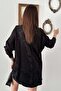 Women's Black Jacquard Shirt with Shirt Collar, Buttoned, Oversize, Long Sleeve, Textured - 5