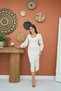 Women's Ecru Midi Pencil Dress Wide U-Neck Chain Detailed Balloon Sleeves Slit - 6