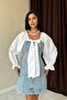 Women's Blue Denim Mini Dress Square Neck Bow Balloon Sleeve Buttoned - 3