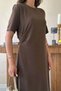 Women's Brown Crew Neck Short Sleeve Pleated Long A-Line Cotton Dress - 4