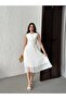 Women's White - White Belted Collar Pleated Chiffon Maxi Length Sleeveless Dress - 2