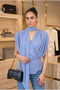 Women's Padded Scarf Collar Drape Detailed Double-Breasted Flowy Stylish Blouse - 2