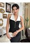Women's Black Midi Dress Contrast Collar Pearl Buttoned Back Detail Sleeveless - 6