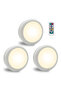 Three LED spotlights, battery powered, with remote control, white, wireless, suitable for display case lighting and shelf lighting, 3000K.