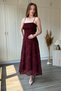Strappy Chest Detail Glittery Midi Floral Patterned Burgundy Dress - 3