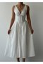 Women's White Scallop Embroidered V-Neck Strap Midi Dress with Tie Detail - 2