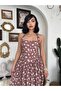 Women's Coffee Floral Patterned Halter Neck Strap Corset Look Midi Dress - 7