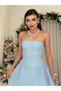 Women's Baby Blue Strapless Midi Dress with Gathered Waist Detail Chiffon Atlas Evening Dress - 5
