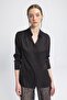Women's Black Satin Textured Regular Fit Long Sleeve Shirt Collar Shirt - 2