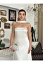 Women's Ecru Strapless Shawl Detailed Satin Midi Dress with Open Back - 5